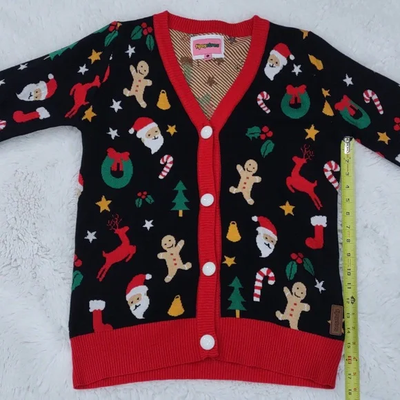 Tipsy Elves Black Cardigan with Red Trim and Festive Motifs - Picture 13 of 17